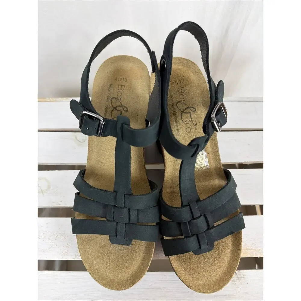 New NO Box Bos & Co Black Buckle Strappy Wedge Sandal #1049 Size EU 41
